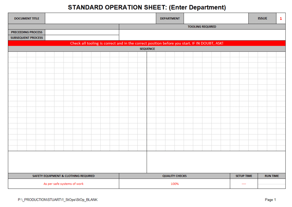 Standard Operating Procedures sheet 1