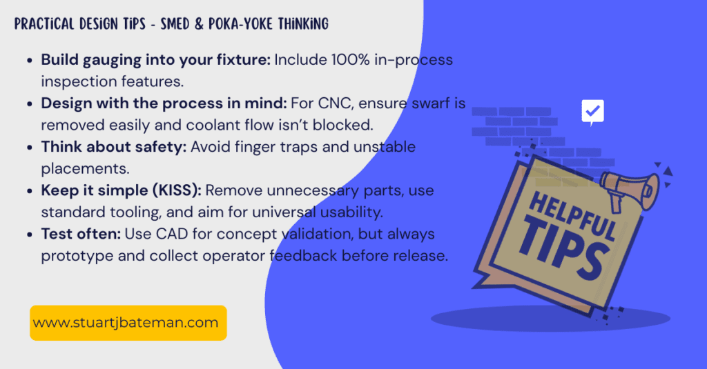 SMED and Poka Yoke thinking in fixture design = Design tips