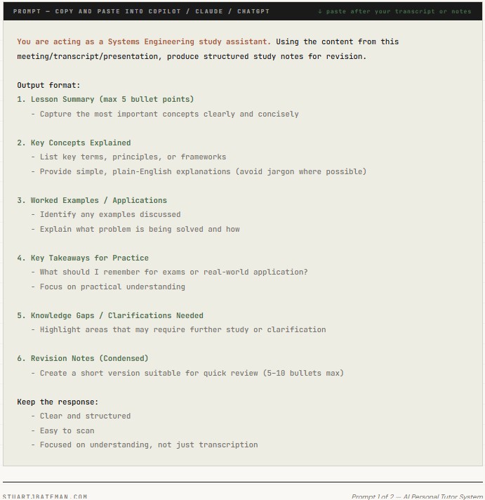 Prompt 1 reference card for using AI for engineering learning — a lesson notes generator that converts transcripts and raw notes into six sections of structured study material.