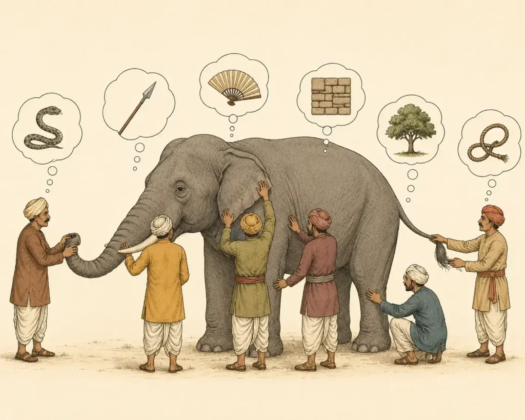 Illustration of the blind men and the elephant parable used to introduce the Ishikawa diagram — showing how different perspectives are needed to understand the full picture of a problem.
