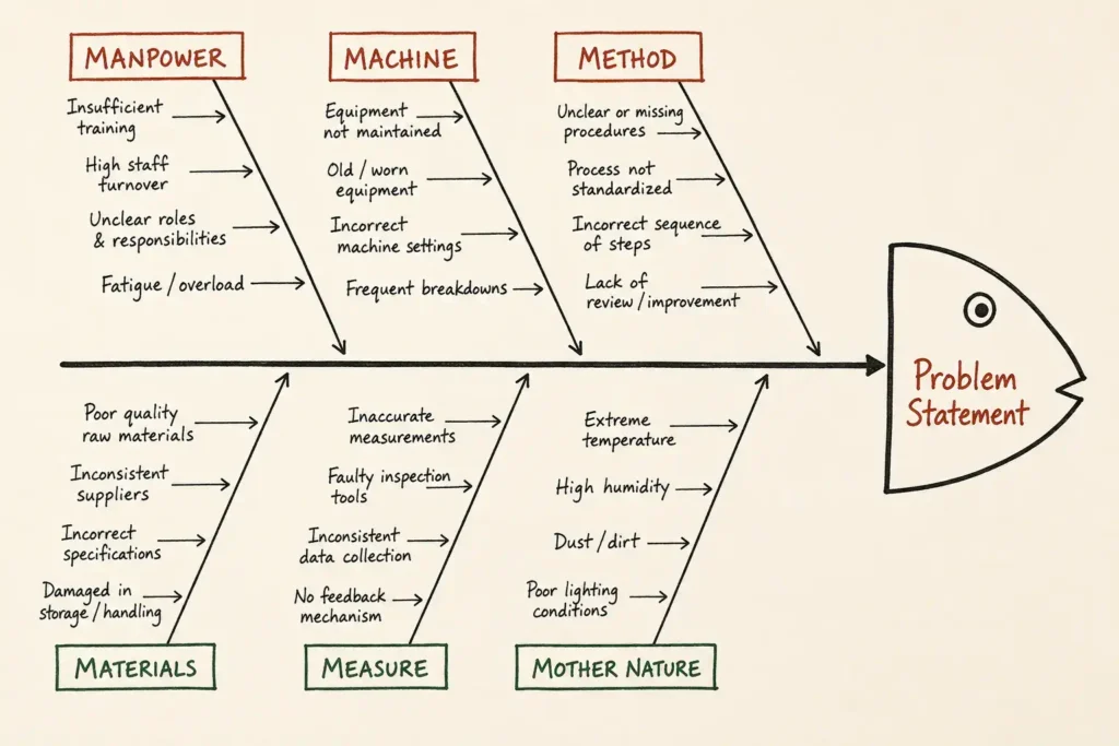 Completed Ishikawa fishbone diagram example for manufacturing root cause analysis, showing the 6 Ms — Manpower, Machine, Method, Materials, Measure and Mother Nature — populated with potential causes.